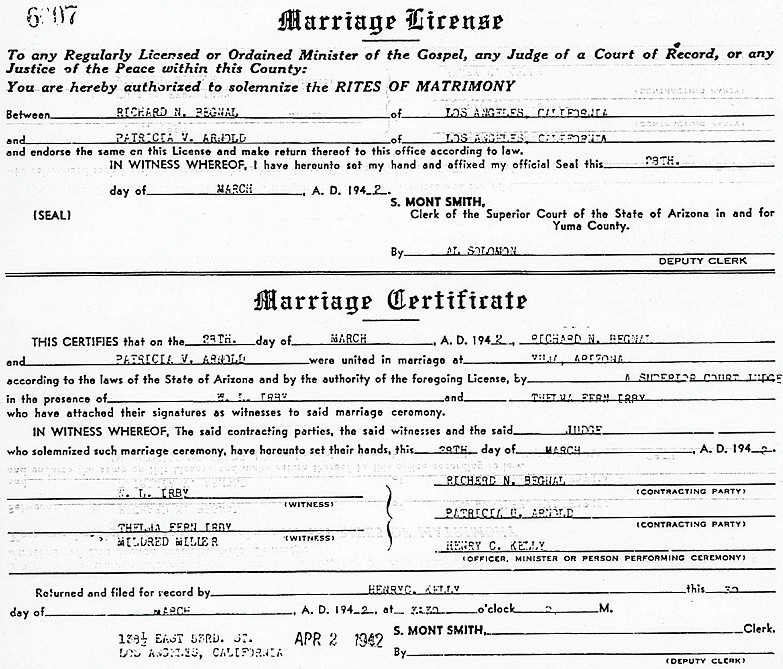 Richard N. Young & Patricia Arnold's marriage certificate